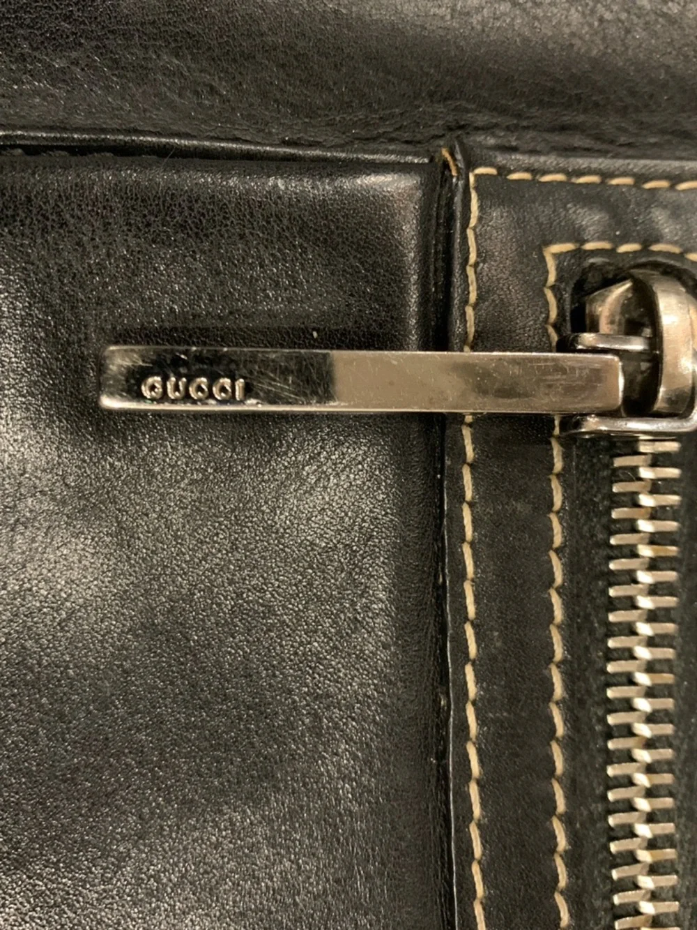 Vintage Gucci Large Soft, Black, Leather Tote with Front Zip Pockets.
